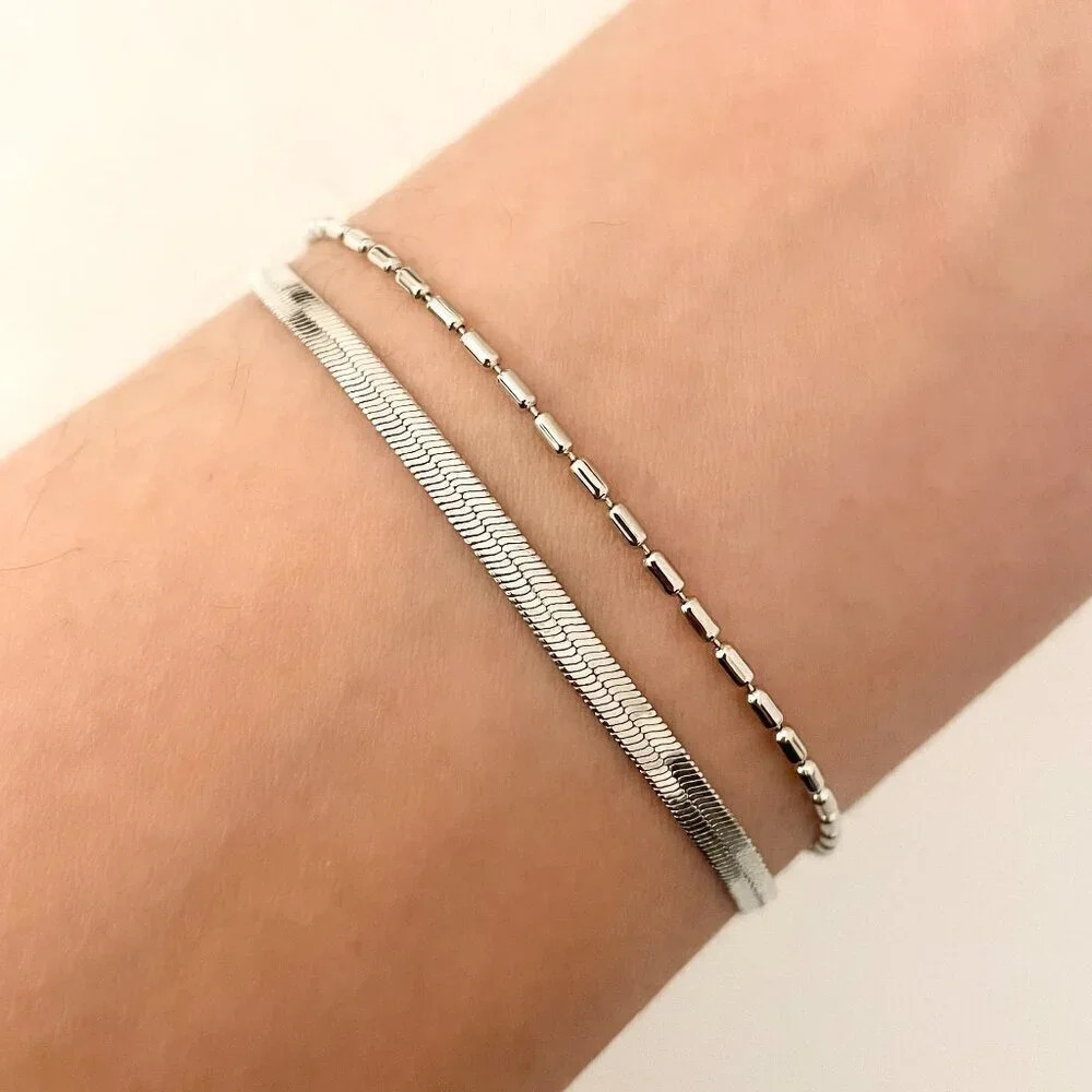 925 Sterling Silver Dainty Bead Bracelet Herringbone Snakechain Layer Bracelet